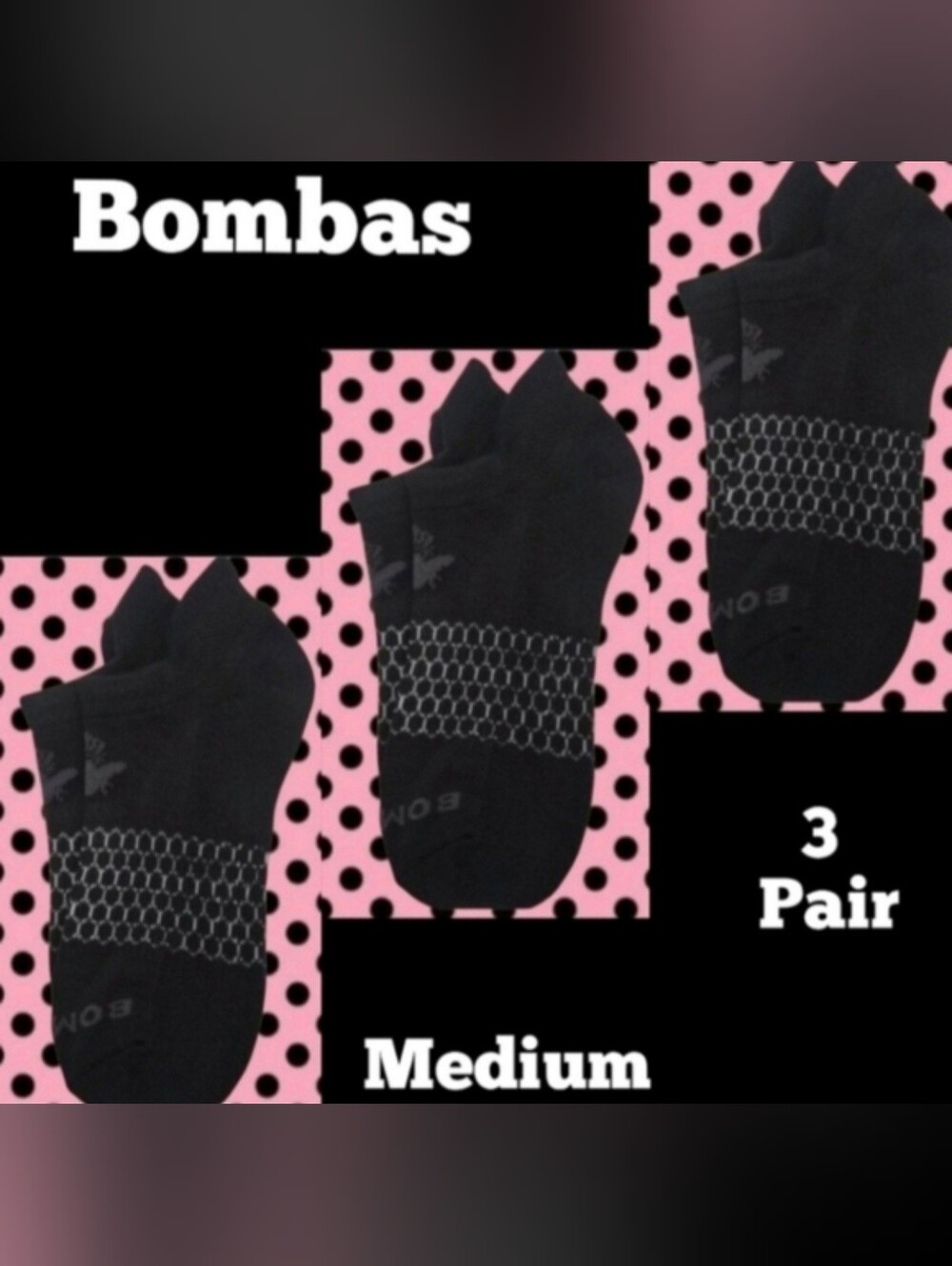 Bombas Ankle Socks Medium 3 Pair Unisex Womens & Mens Honeycomb Black/Grey BNWT